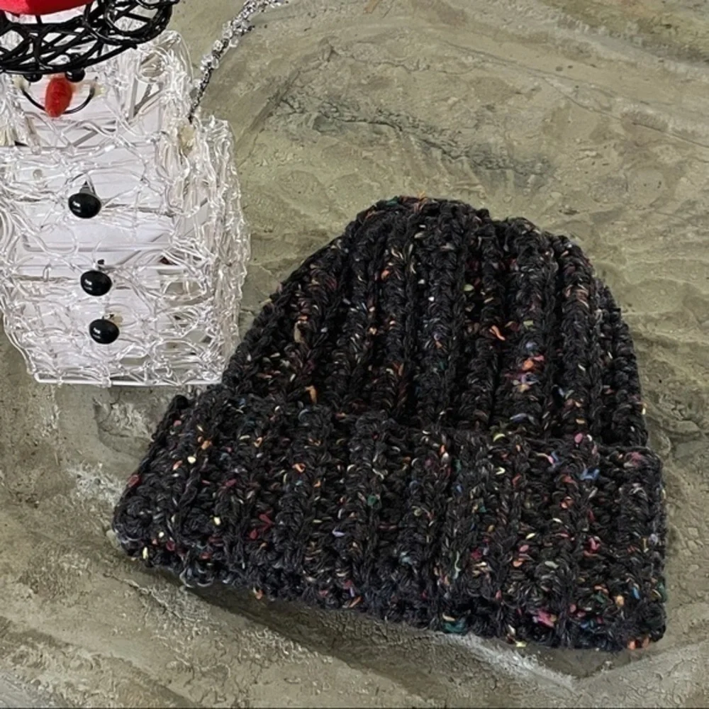 Handmade Warm Chunky Cable Crochet Ribbed Hat Charcoal Speckle Beanie Women Men